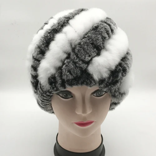 grey and white Натуральный настоящий мех кролика шапочки шапки для женщин вязаная полосатая шапка из меха кролика рекс Леди Зимняя теплая шапка из настоящего меха оптом и в розницу - Цвет: grey and white