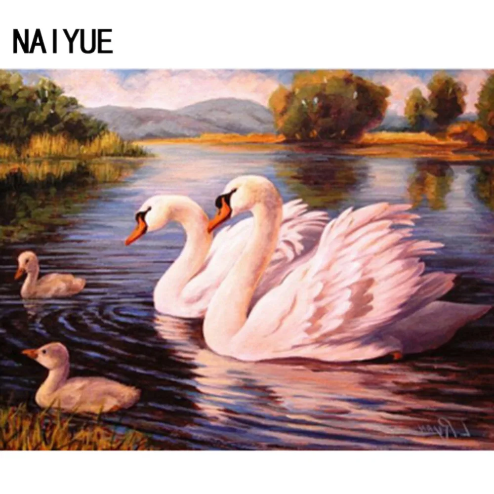 

45X35CM New Lake Swan Family Partial 5D Diamond Painting Cross Rhinestone Stitch DIY Embroidery Decorations Decor Diamond Art
