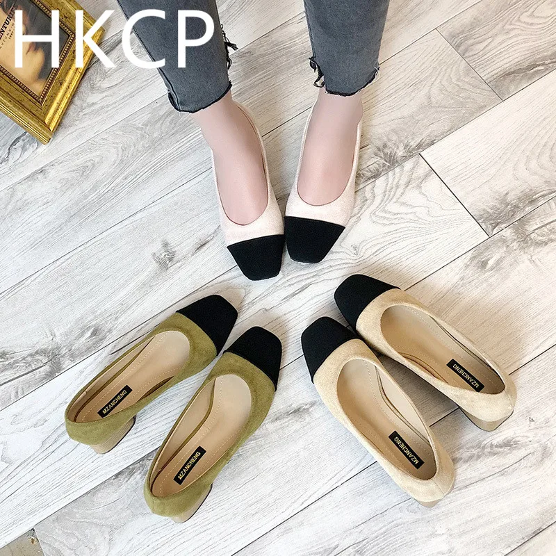 

HKCP 2019 spring new suede retro square head grandma shoes Korean version with shallow casual coarse heel shoes C120