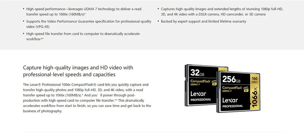 Оригинальный Lexar 160 МБ/с./с. бренд 1066x128 Гб CompactFlash CF карты памяти для Dslr камера Hd видеокамера 1080 p 3d 4 к Dv видео Dv Dev