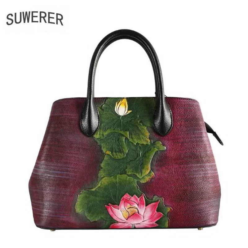 

SUWERER genuine Leather bags 2018 new fashion luxury Handmade drawing color flowers embossed handbags designer handbags