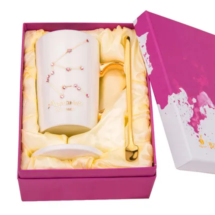 Творческий керамический кофе кружка молоко чашка чай чашка золото печать 12 созвездий с крышкой и ложкой ручка в подарок зодиака - Цвет: Aquarius White