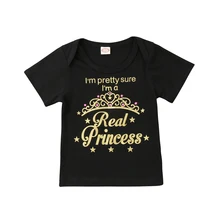 Для новорожденных Обувь для девочек хлопок короткий рукав черный принцесса футболки хлопок Повседневное King летняя одежда