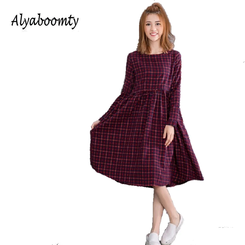 2017 Vintage Spring Autumn Women Midi Dress Fashion O Neck Plaid Female Vestidos Long Sleeve Retro