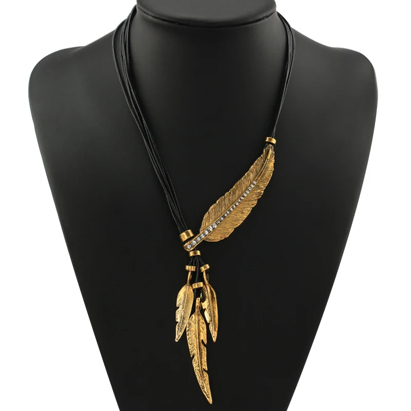 

Black Rope leaf Feather Pendant Necklace For Women Trendy Bohemian Jewelry Gold color Female Choker Necklace Collares