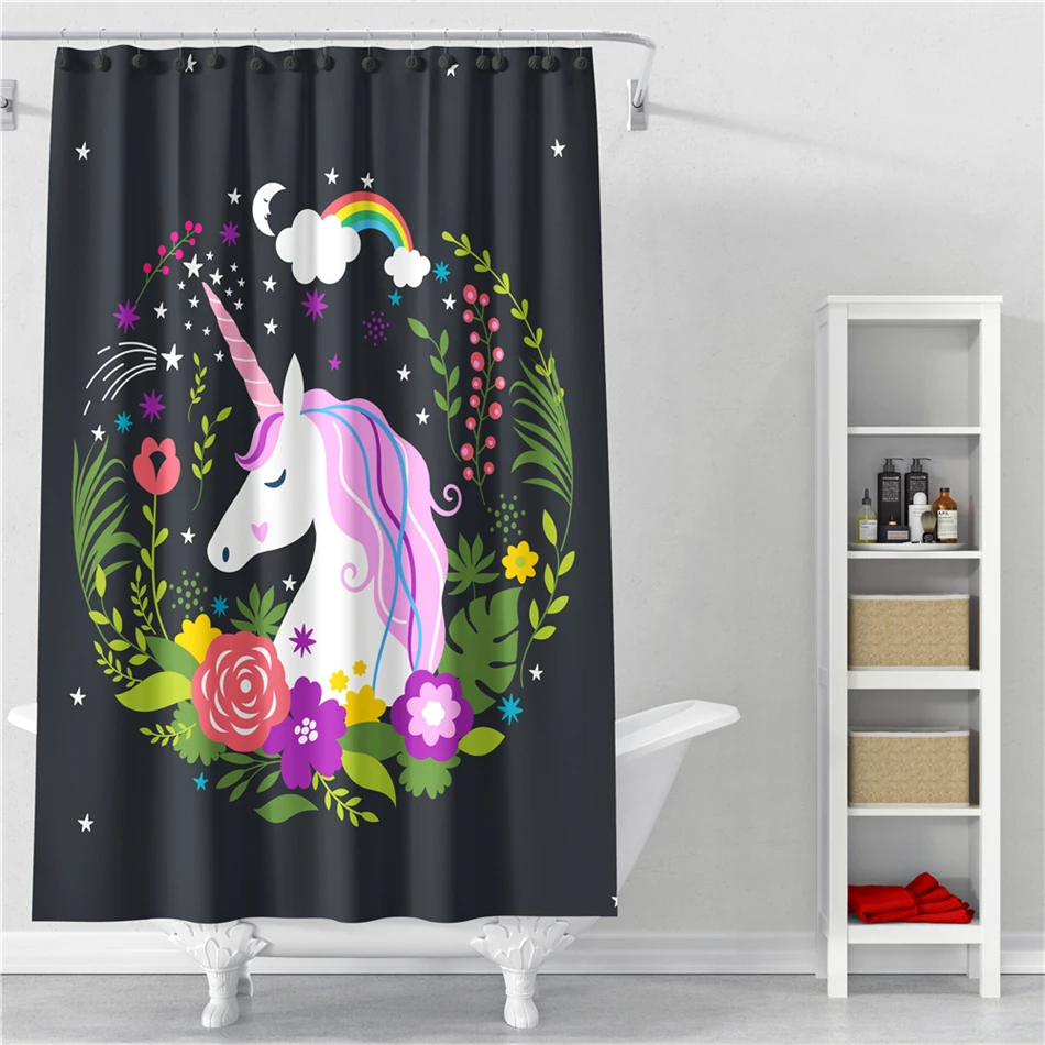 

Princess Cartoon Unicorn Shower Curtain Colorful Floral Print Bathroom Curtain Polyester Fabric Waterproof Bath Curtains