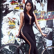 VC горячая Распродажа Топ дизайн полосатый выдалбливают сексуальный глубокий Vneck женский боди бандажный комбинезон