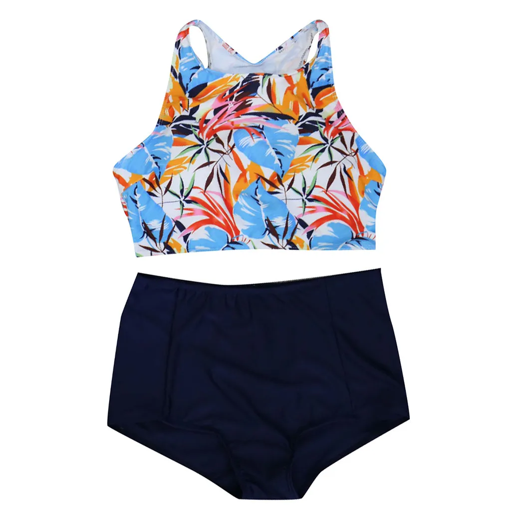 TELOTUNY Women Swimwear Polyester Sexy Printed High Waist Tankini Summer Female Retro Bikini Sets Casual Split Swimsuit 19L0611