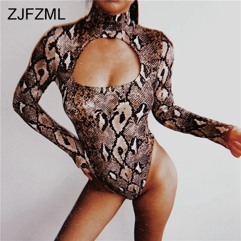 ZJFZML Turtleneck Long Sleeve Snake Skin Print Sexy Women Bodysuits Autumn Causal Skinny Romper Femme Club Hollow Out Overalls
