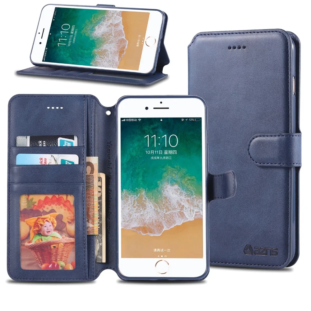 

Retro Luxury Leather Phone Case for Apple iPhone 7 Plus AZNS Flip Wallet Cover Case for iPhone 8 Plus Card Sots Stand Coque