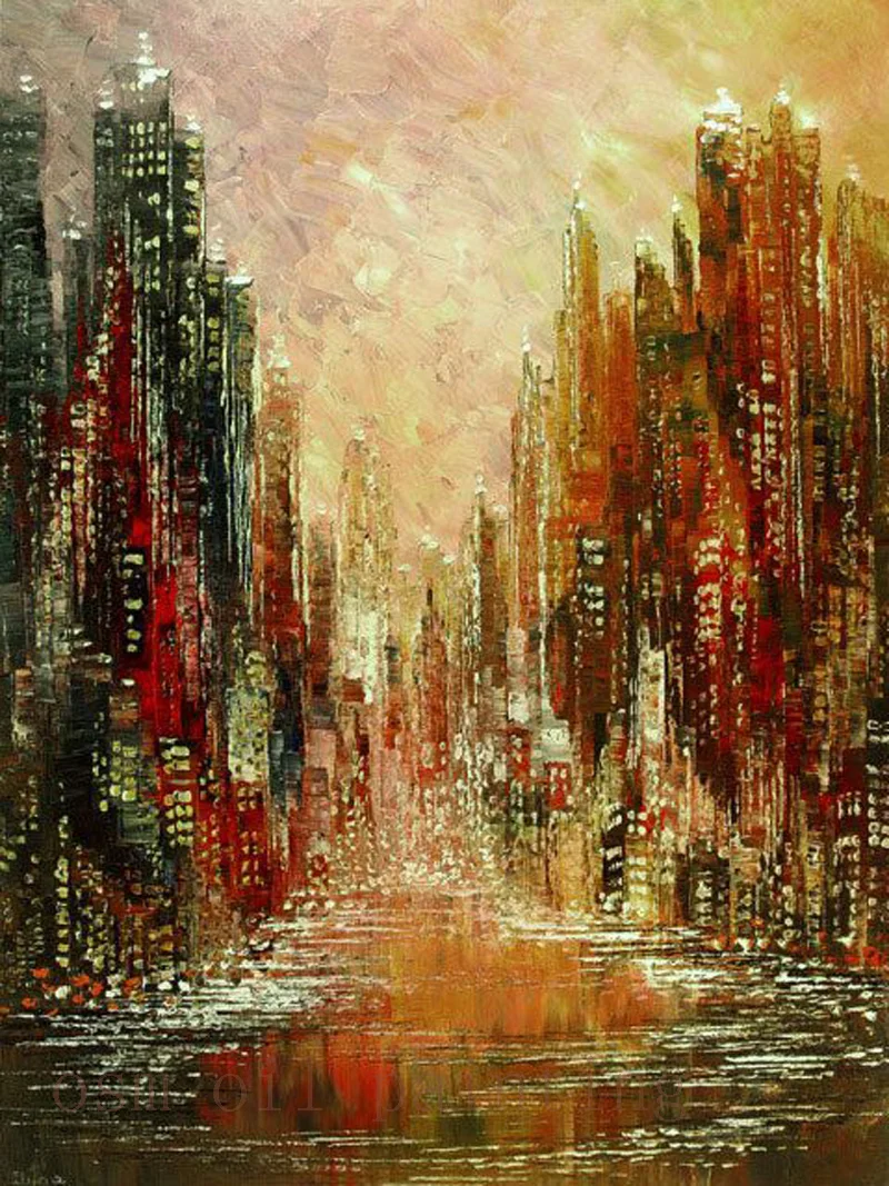 Hand painted Modern Cityscape Palette Knife Oil Painting on Canvas