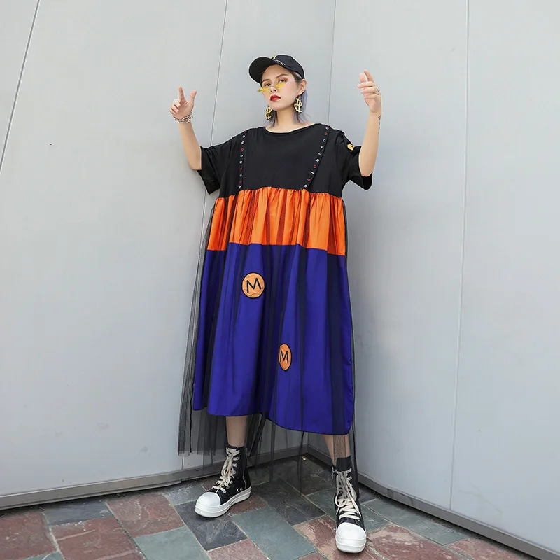 

Women Summer Ribbons Mesh Splice Oversized Loose Casual Short Sleeve Dress Female Streetwear Plus Size Long Dresses Harajuku
