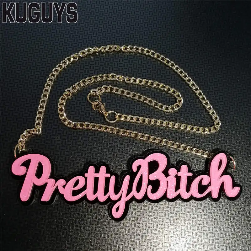 

KUGUYS Fashion Jewelry Gold Link Chain Necklaces for Women Trendy Acrylic Hot Pink Letter "PRETTY BITCH" Pendant Necklace Woman