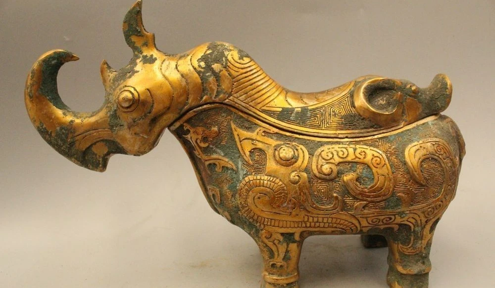 

8" Chinese Dynasty Palace Bronze Gild Rhinoceros Musso Rhino Statue Sculpture Zu