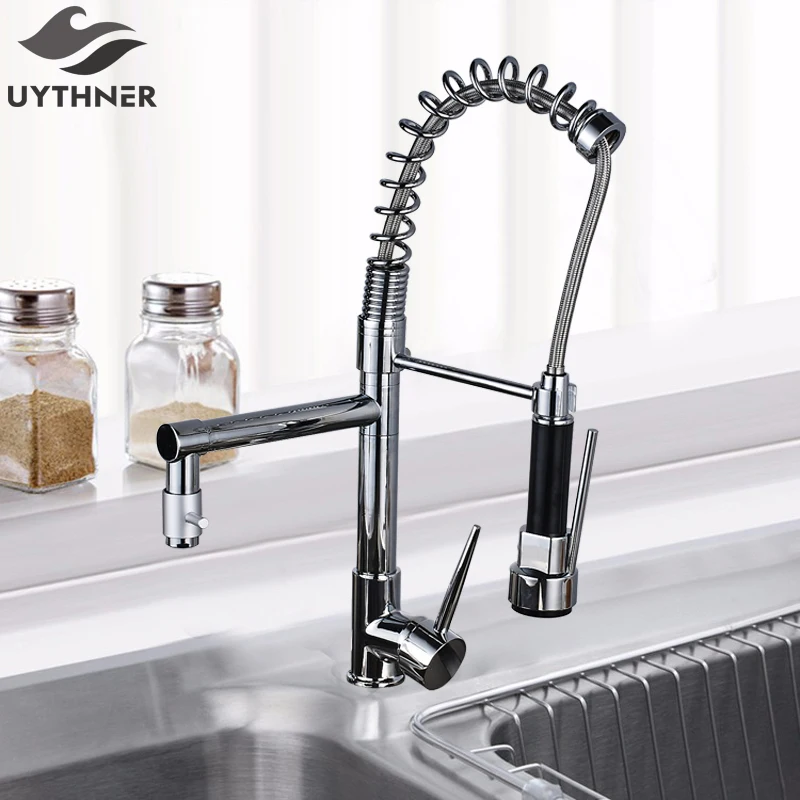 Uythner Unique Spout Modern Solid Brass Chrome Polish Spring Kitchen Faucet with Sharp Handle Mixer Tap