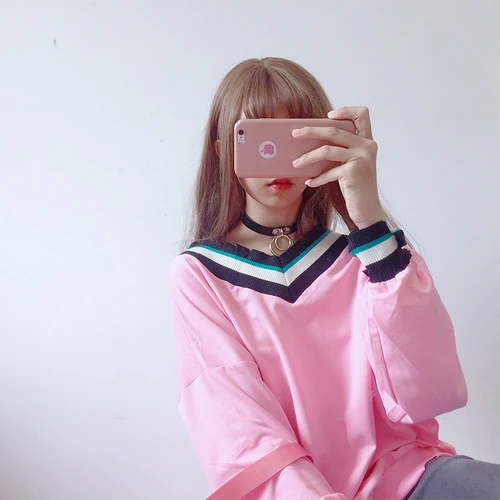 Xian 9207 fen harajuku Women V-Neck Loose Kawaii Loose All-match t shirt Ladies Sweet Pink Korean Style Long Sleeve T-shirts womens Clothing - Color: Xian 9207 fen