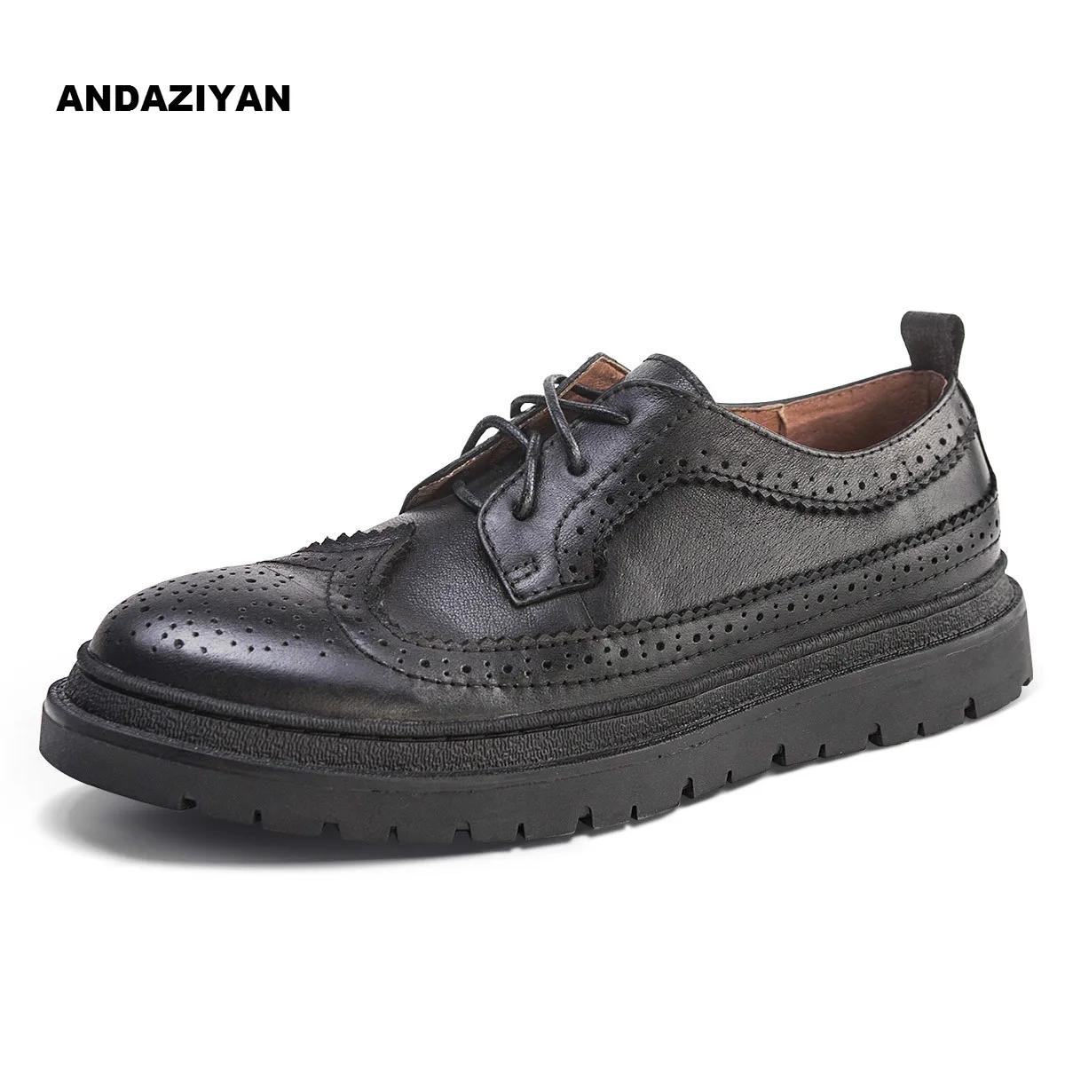 Tallado marrón Zapatos Otoño Casuales Los Derby Brock Negro Inglaterra Gruesa De Nueva Cuero Retro Hombres zS6E4tn