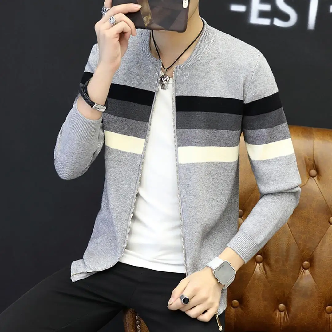 The new font b men s b font knitted cardigan 2017 zipper stripe color matching cultivate