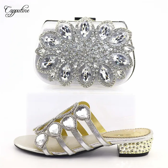 

Elegant silver wedding/party medium heel shoes and bag set with rhinestones T0741 heel height 3.8cm