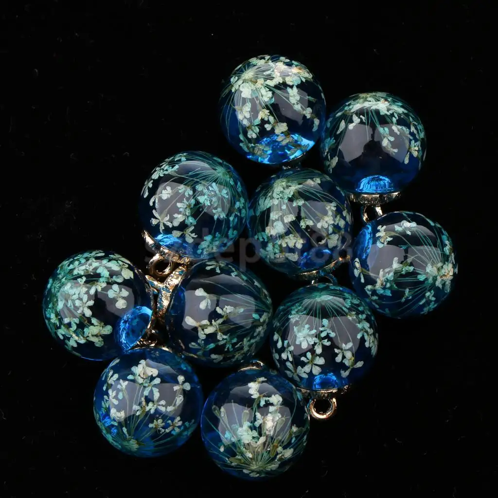 10pcs Dried Flower Glass Ball Pendant with Flower Cap DIY Earring Dangle Craft Findings Loose Beads