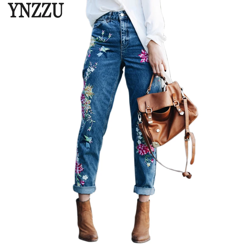 YNZZU Большие размеры Цветочная вышивка джинсы женские высокой талией джинсы Штаны Весна-осень осенние женские нижние джинсы femme YB051