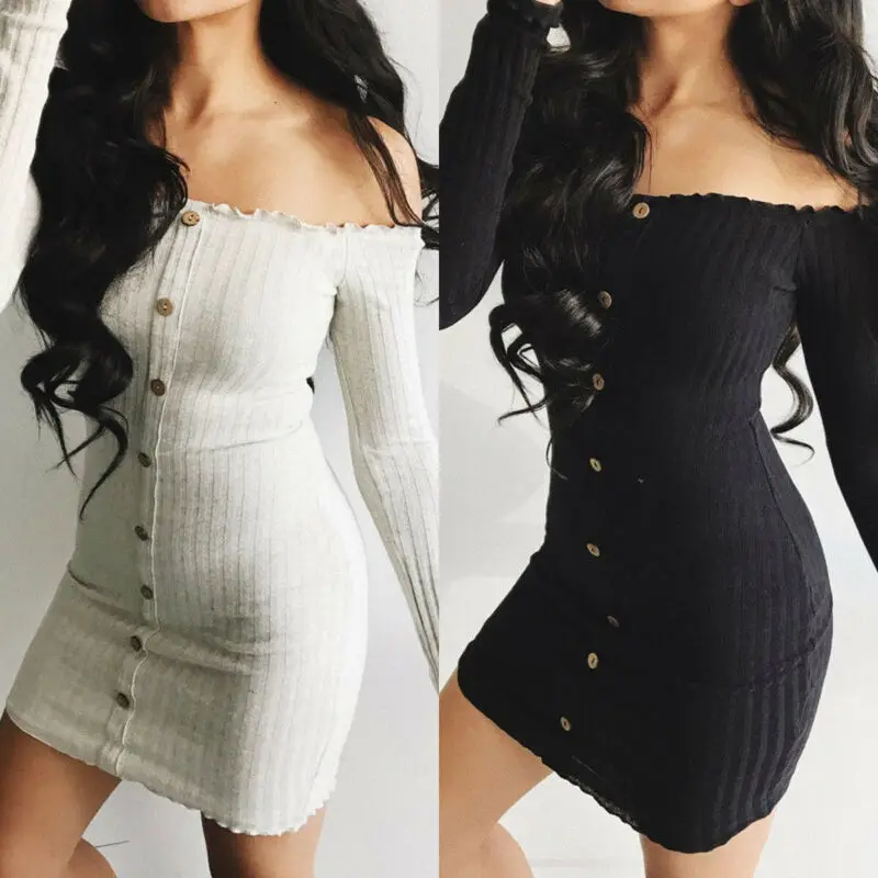 

2019 Knitting Long Sleeve Tight Dress Solid Color Button New Fashion Short Dress Off The Shoulder Sexy Club Dress