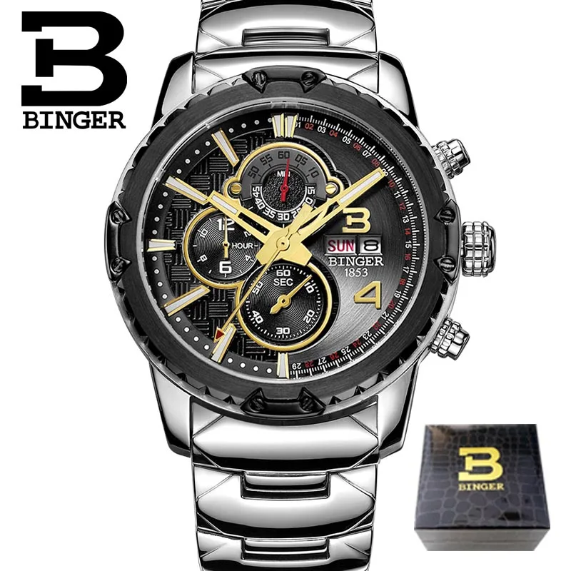 Watches Men Luxury Original Brand BINGER Sport Watches Men Fashion wristwatch Chronograph waterproof Male leather Quartz watch - Цвет: 02