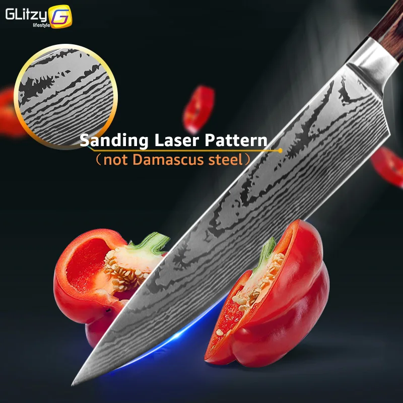 Kitchen knife 8 inch Chef Knives 7CR17 440C High Carbon Japanese Stainless Steel Imitated Damascus Sanding Laser Pattern Santoku