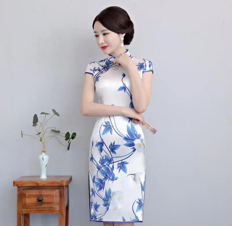Винтажное женское шелковое платье с цветочным принтом Qipao оверсайз Short короткое элегантное узкое вечернее праздничное платье китайский женский халат со стоячим воротником, с цветочным принтом Vestidos - Цвет: Style 1