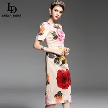 2017 Spring Summer New Runway Designer Dress Women's High Quality Half Sleeve Mid Calf Elegant Rose Printed Dress