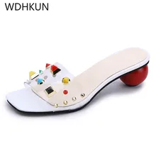 

WDHKUN red ball bottom cool rivet summer slides women fashion strange heels slip on sandals casual outdoor slippers shoes woman