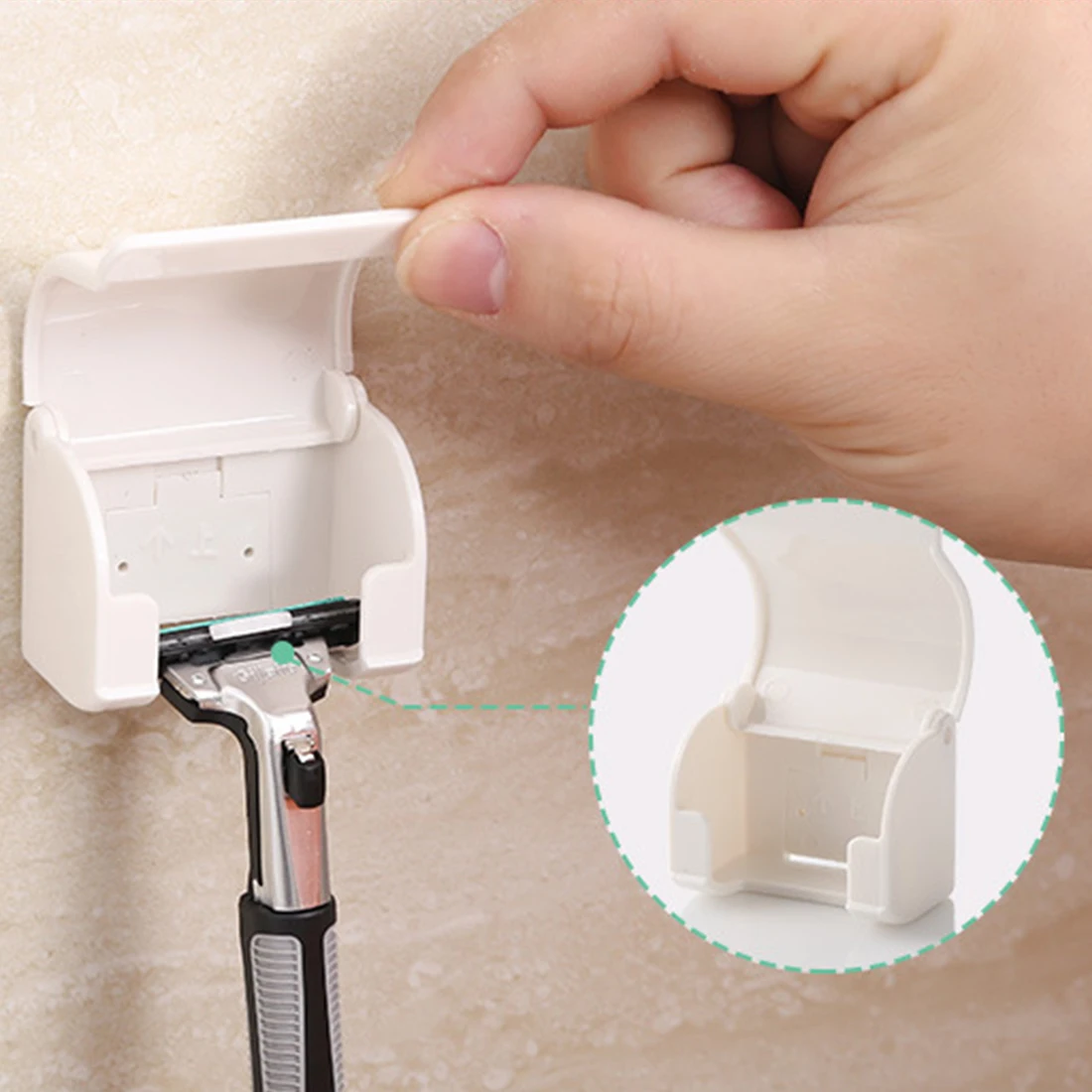 

White Shaving Plastic Razor Holder Box Self Adhesive Dustproof Razor Cap Shaver Rack Sticky Shelf 1PC Wall Mounted Bathroom Set