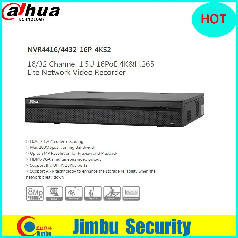

Dahua NVR P2P video recorder 16Ch 32CH NVR4416-16P-4KS2 NVR4432-16P-4KS2 1.5U H.265 H.264 16PoE ports 8MP Resolution Easy4ip