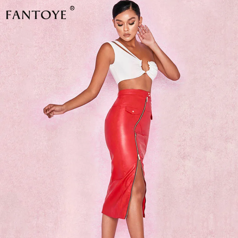 Fantoye High Split Zipper Leather Skirts Womens 2018 Red Elegant Long Autumn Winter Ladies Slim Vintage Midi Pencil Skirt