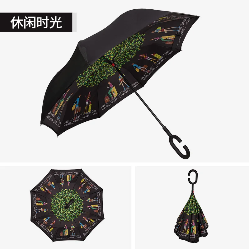 Складной обратный зонтик, двойной слой, перевернутый, ветрозащитный, дождь, автомобильный зонтик для женщин, обратный зонтик, прозрачный зонтик - Цвет: Leisure time