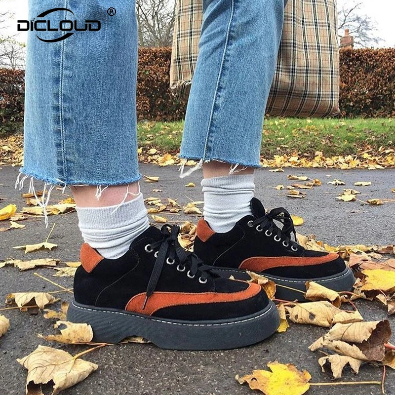 

Spring Autumn Platform Creepers for Women Ins Fashion Suede Patchwork Flats Shoes Girls Harajuku Street Chunky Sneekers Flats