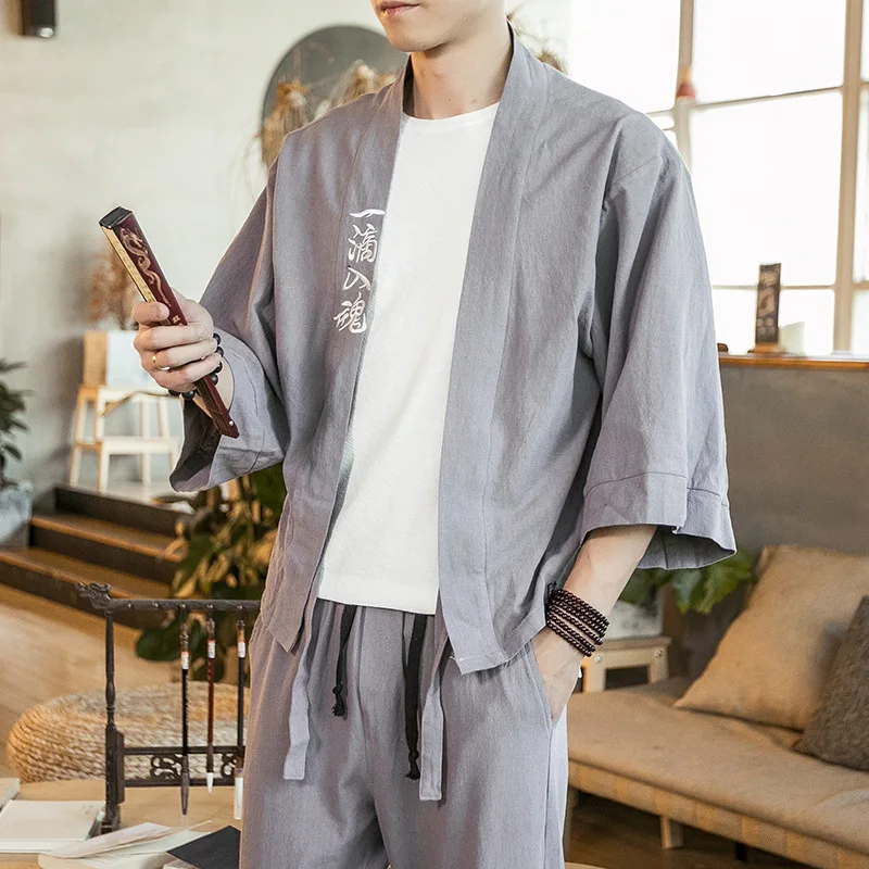 

#4388 Spring Summer Thin Vintage Kimono Jacket Men Cotton Linen Black Grey Red Loose Retro Kimono Coat Male Embroidery Plus Size