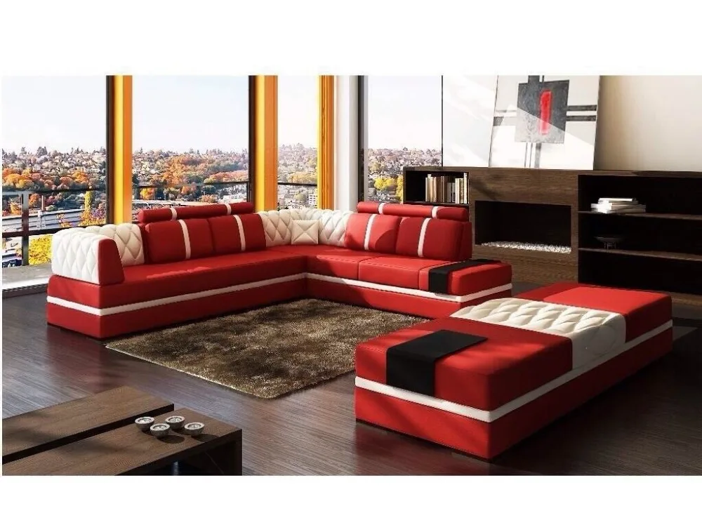 genuine leather sofa red white black