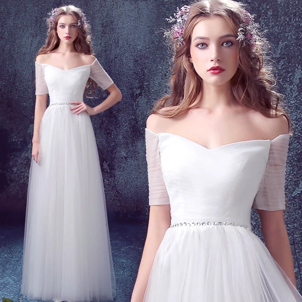 Half Sleeve Sweetheart A Line Strap Back Long Tulle White Bridesmaid Half Sleeve Sweetheart A Line Strap Back Long Tulle White Bridesmaid Dress Real Madred Jersey 2016 Plus Size In Dresses From Weddings Events On