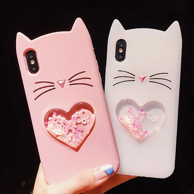 

Quicksand Love Heart Glitter Stars 3D Lucky Cat Phone Case for iphone X XR XS Max 6 6S 7 8 Plus Dynamic Liquid Sequin Back Cover