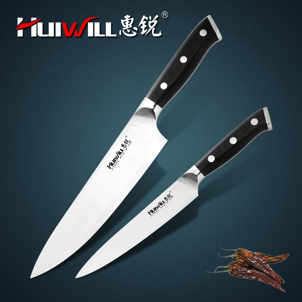 

Huiwill Super Quality 2pcs Japanese AUS-8 Stainless Steel Chef Knife Set Slicing Carving Knife Utility Knife with G10 Handle