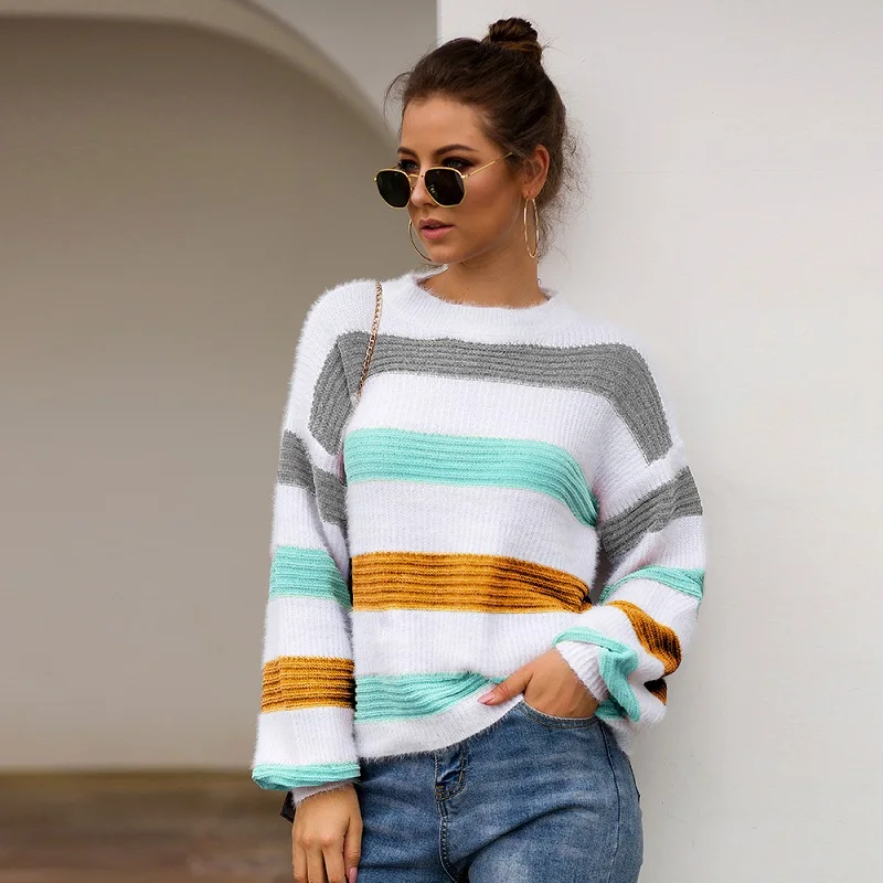 Color matching Stripe Sweaters Women Autumn Winter Pullovers Jumpers Female Knitted Loose Warm soft Sweaters Mujer Pullover