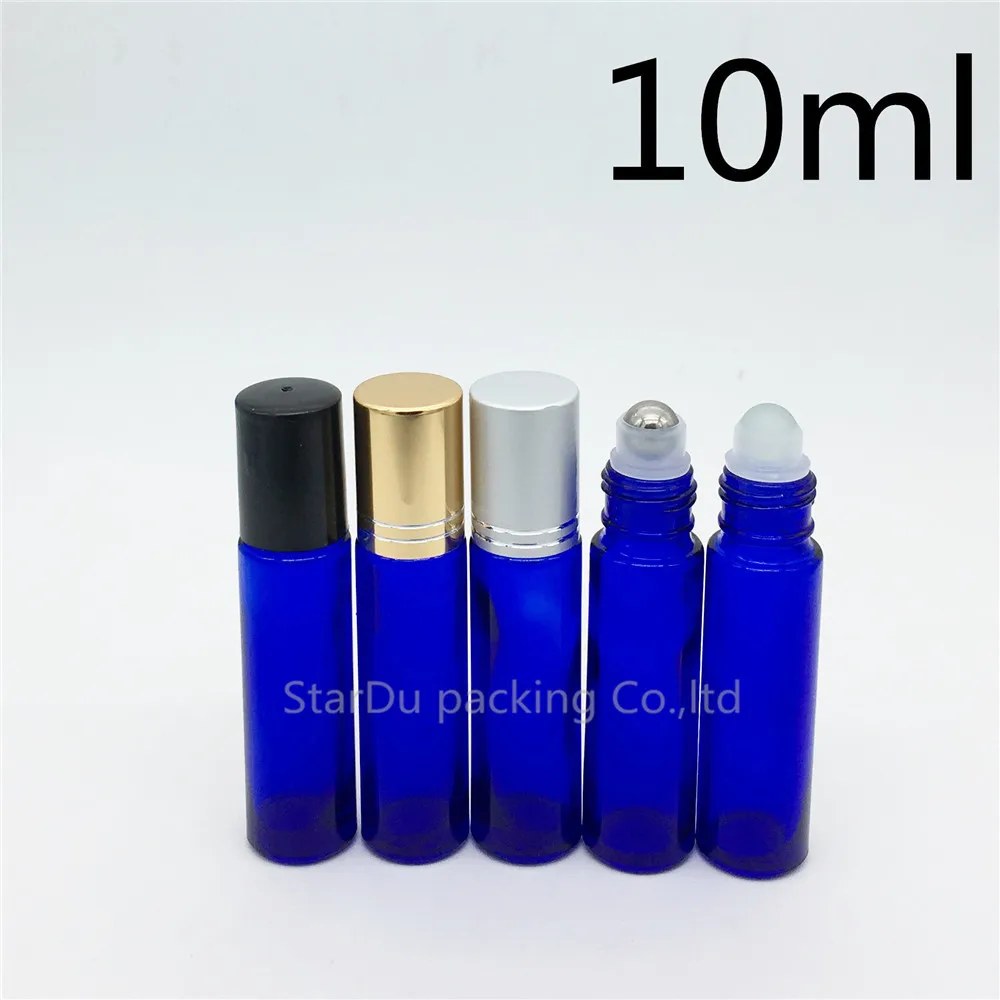 12pcs/lot 10ml modrý rolovat na parfém láhev, 10cc modrý podstatný olej rollon lahve, malý sklo kolečkové kontejner