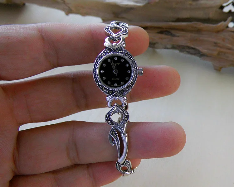 Ретро тайские серебряные ювелирные изделия S925 Серебряные часы черные модные женские съемные секции браслет