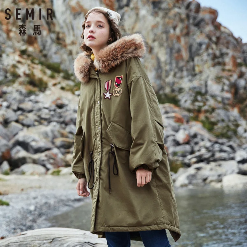 

SEMIR Women 100% Cotton Padded Parka with Hood with Detachable Faux Fur Trim Drawstring at Waist Zip&Snap Closure a Vent at Back