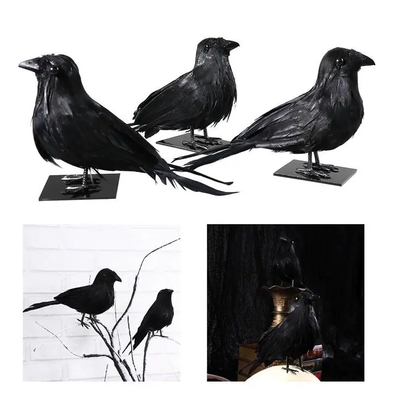 

3pcs Simulation Halloween Decor Realistic Feathered Crows Raven Birds with Pedestals Hounted House Scary Props Party Supplies