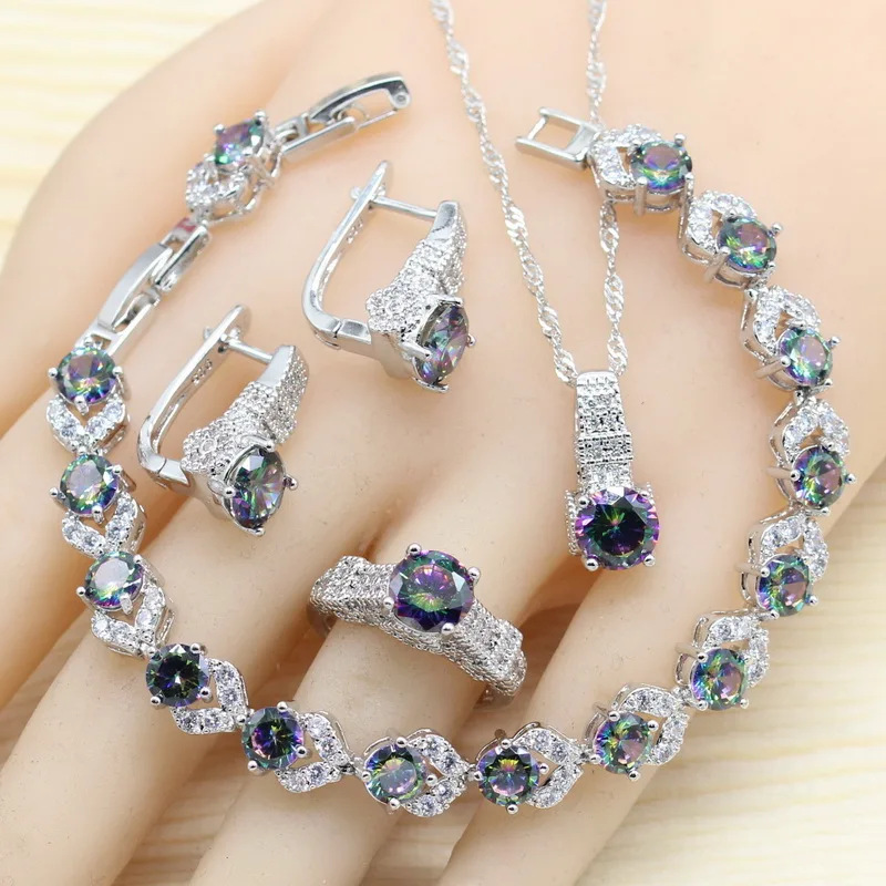

Rainbow Black White 3 Colors 925 Silver Jewelry Sets For Women Necklace Pendant Earrings Ring Bracelet Free Gift Box