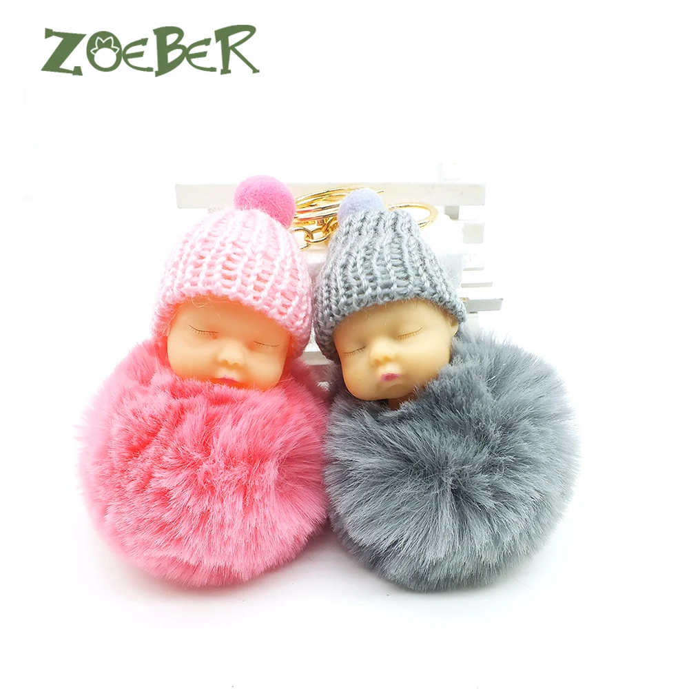 

ZOEBER Baby Toy Key Chain Sleeping Baby Doll Keychain Pompom Rabbit Fur Ball Car Keyring Women Key Holder Bag Pendant Jewelry
