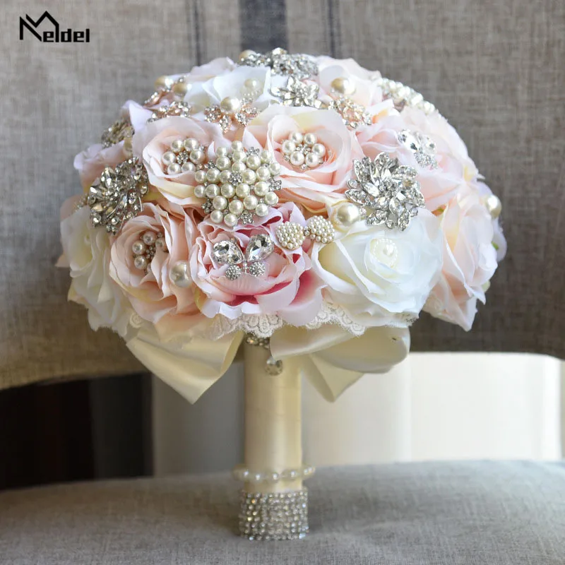 Meldel Bride Wedding Bouquet Bridesmaid Rose Posy Round Artificial Luxurious Silk Rose Bouquet Pink Crystal Pearl Wedding Flower