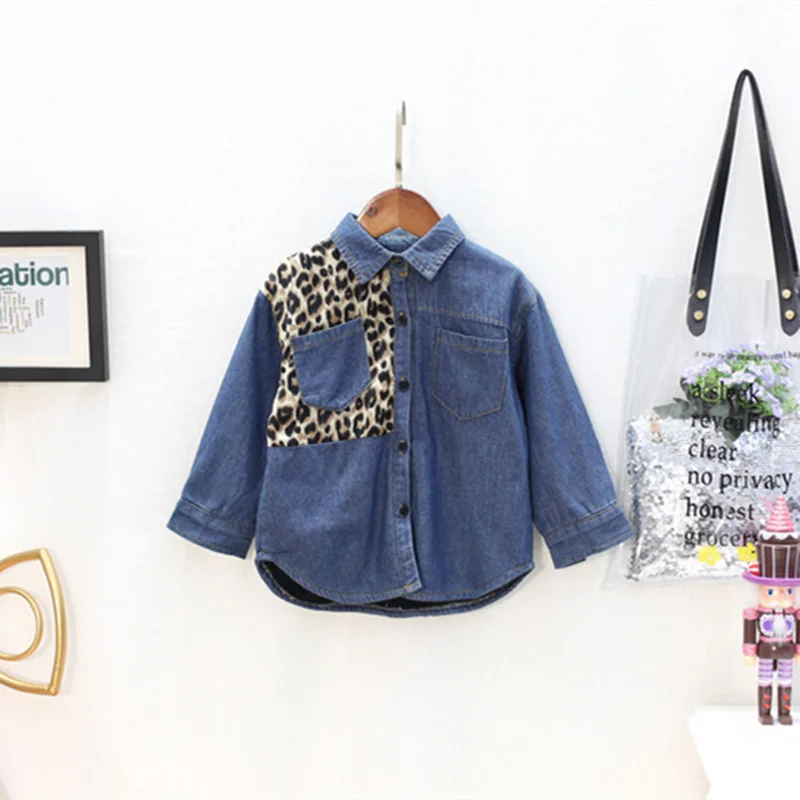 

2019 New Spring Baby Girl Cotton Denim Jeans Shirts with Leopard Fashion Boy Kids Blue Blouse Top Streetwear Clothing